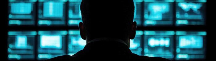 A person monitors multiple screens, representing data analysis and technological oversight. photo