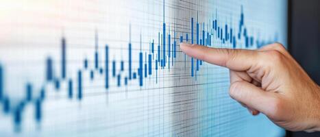 A hand pointing at a stock market chart displaying data trends and analysis. photo