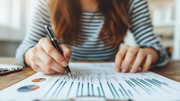 A woman analyzing data and graphs while working at a desk with financial reports. photo