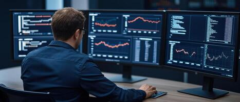 A focused professional analyzes complex data on multiple computer monitors. photo