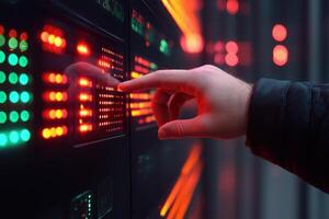 A hand interacting with illuminated control panel in a tech environment. photo