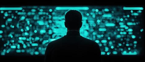 Person observing digital data visuals on a large screen in a futuristic environment. photo