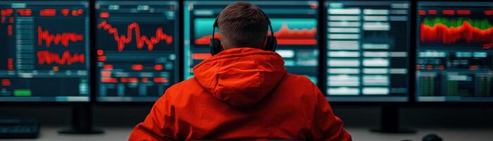Person analyzing data trends on multiple screens in a modern tech environment. photo