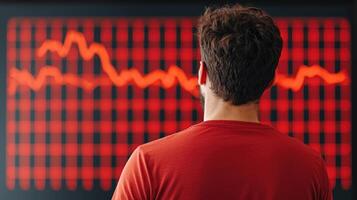 Person analyzing stock market trends on a digital display with red fluctuations. photo