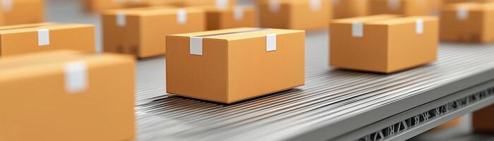 Rows of delivery boxes on a conveyor belt in a modern warehouse environment. photo