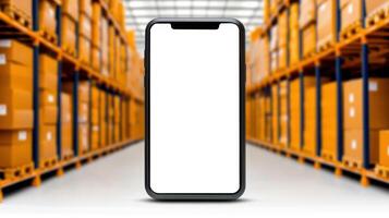 A smartphone displayed in a warehouse with stacks of boxes in the background. photo