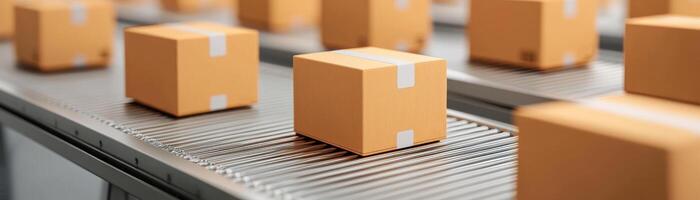 Conveyor line with packaged boxes ready for distribution in a warehouse. photo