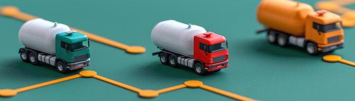 Colorful toy trucks on a green surface, showcasing logistics and transportation concept. photo