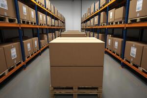 Warehouse storage filled with cardboard boxes on wooden pallets in organized rows. photo