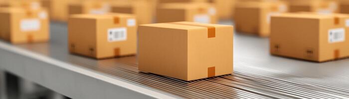 Conveyor belt system transporting boxes for efficient packaging and shipping. photo