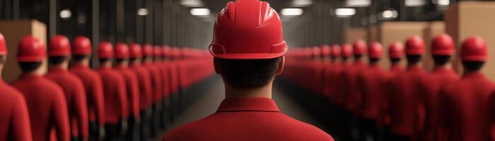 A line of workers in red uniforms preparing for a task in a modern warehouse setting. photo