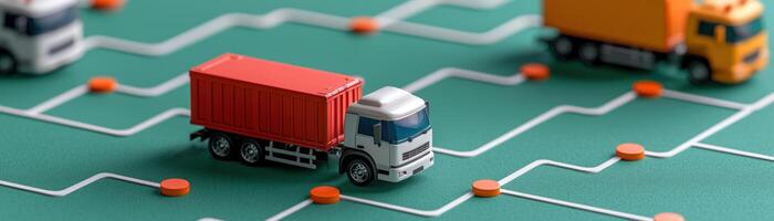 Miniature trucks navigating a digital map, symbolizing logistics and transportation. photo
