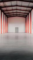 A spacious industrial warehouse with high ceilings and red pillars on a polished floor. photo