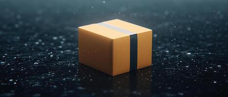 A bright orange box resting on a reflective surface in a rainy environment. photo