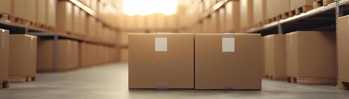 Cardboard boxes stored in a spacious warehouse ready for distribution and logistics. photo