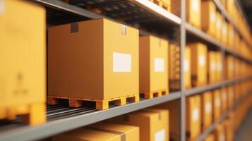 Close-up of stacked boxes on pallets in a warehouse setting, showcasing organized storage. photo