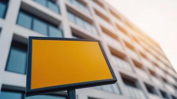 A blank yellow sign in front of a modern building showcasing urban design elements. photo