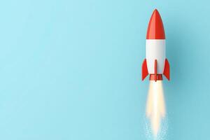 A colorful rocket launching into the sky on a clear blue background, symbolizing innovation. photo