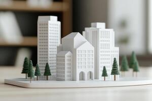 A modern architectural model showcasing sleek buildings and miniature trees. photo