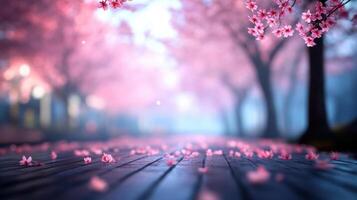 A serene path lined with blossoming pink trees, creating a magical spring atmosphere. photo