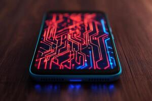 Close-up of a smartphone screen displaying a vibrant circuit design in neon colors. photo