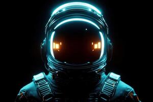 Futuristic astronaut helmet glowing in dark space, representing exploration and adventure. photo