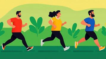 Group of diverse individuals jogging in a vibrant outdoor setting with lush greenery. photo