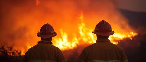 Firefighters faced with a raging wildfire, highlighting courage and resilience in crisis. photo