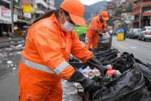 Waste management workers cleaning and sorting trash in urban environment. photo