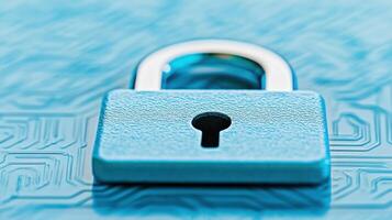 A close-up of a blue padlock on a digital background, symbolizing data security. photo