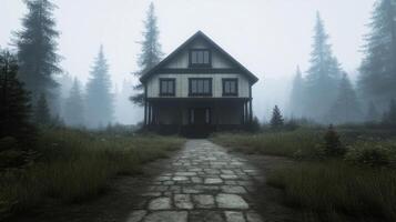 A haunting house stands alone in a foggy forest, surrounded by tall trees and silence. photo