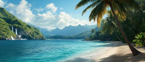 A serene tropical beach with clear waters, palm trees, and majestic mountains in the background. photo