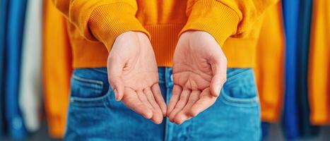 A person with open hands, showcasing an inviting gesture in a casual setting. photo