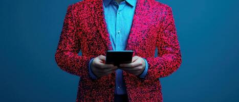 A stylish person in a vibrant jacket using a smartphone in a blue-lit environment. photo