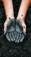 Hands holding dark soil, symbolizing cultivation and connection to nature. photo