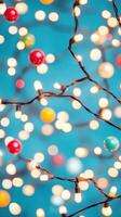Colorful decorative lights on a blue background creating a festive atmosphere. photo