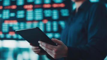Professional man analyzing financial data on tablet in modern office environment. photo