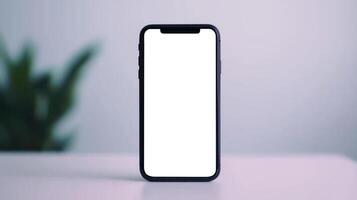 A modern smartphone with a blank screen on a minimalistic desk background. photo