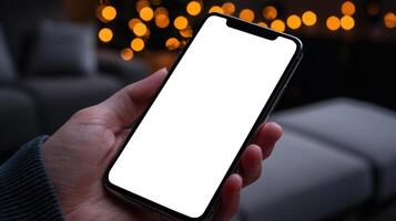 A hand holding a smartphone with a blank screen in a cozy, illuminated setting. photo
