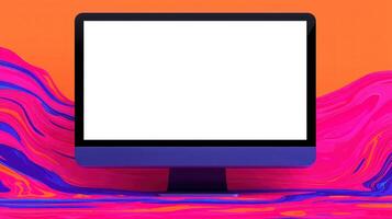 A modern computer monitor with a blank screen on a vibrant abstract background. photo