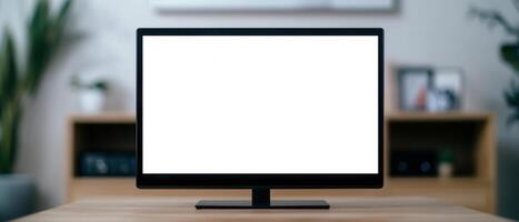 A modern computer monitor displaying a blank screen on a stylish wooden desk. photo