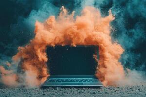A laptop surrounded by colorful smoke, symbolizing innovation and creativity. photo