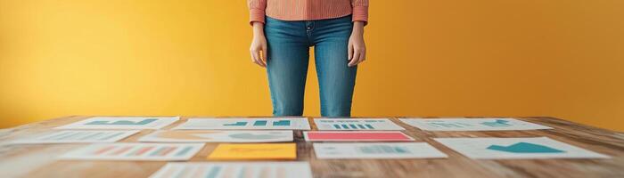 A person analyzing various reports and graphs on a wooden table against a vibrant background. photo