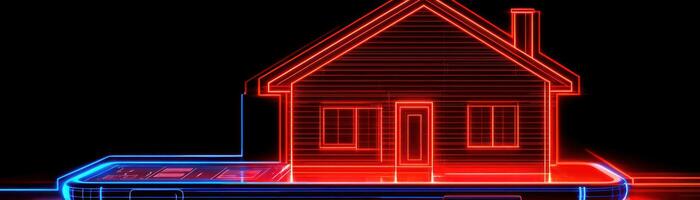 A vibrant neon outline of a house, showcasing a modern architectural style and design. photo
