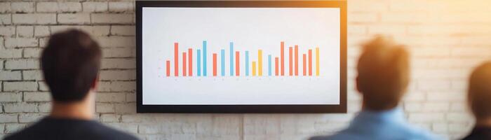 Two people observing a colorful bar graph on a large screen in a modern office. photo