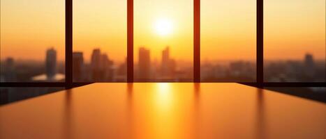 A stunning sunset view from a modern office building overlooking the city skyline. photo