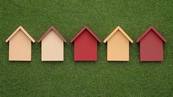 Colorful miniature houses arranged in a row on green grass background. photo