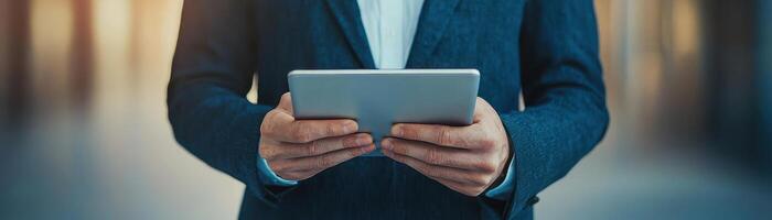 A professional man using a tablet in a modern office setting, symbolizing technology and work. photo