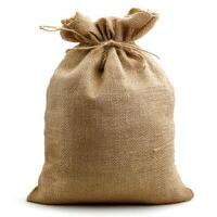A rustic burlap sack tied at the top, ideal for storage, decoration, or showcasing natural materials in a cozy environment. photo