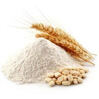 A pile of flour with wheat ears and grains for baking. isolated on white background. photo